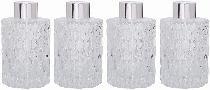 Hosley Set of 4 Mid Century Modern Glass Diffuser Bottles 4 Inch High. Ideal for Use with Essential Oils Hosley Replacement Diffusers and Hosley Reed Sticks DIY Crafts O3 Silver