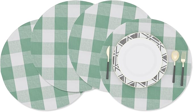 Green & White Cotton Buffalo Check Plaid Round Placemat 15 Inch Set of 4 Gingham eco-Friendly Fabric Handcrafted Machine Washable Indoor & Outdoor Tablemat