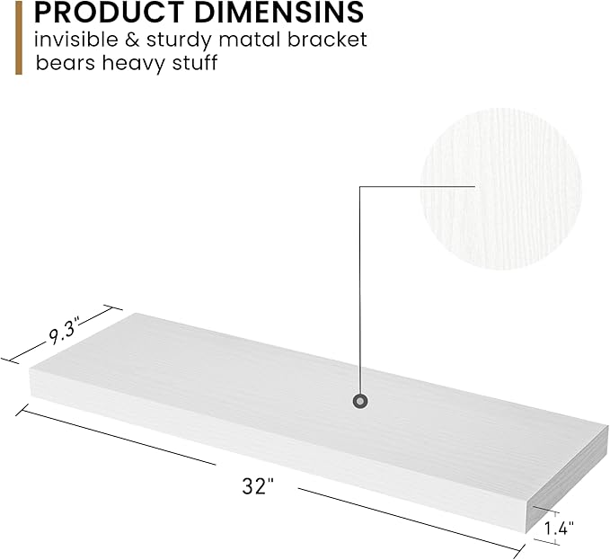 Fun Memories 36 Inch Floating Shelves - Rustic Wooden Wall Shelves - Wall Mounted Storage Shelf with Invisible Brackets - Extra Deeper & Thicker for Living Room, 36" W x 9" D x 1.6" H - White