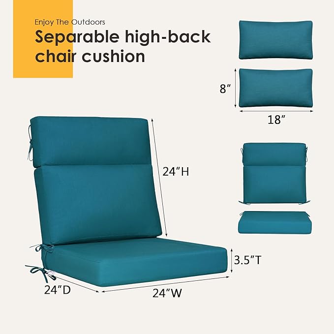 Sunbrella Outdoor High Back Chair Cushion, 2 Pack 48 x 24 inches Patio Chair Cushions Water Repellent Rocking Cushions Indoor Furniture Seat Pad with 2 Pillows, Spectrum Peacock