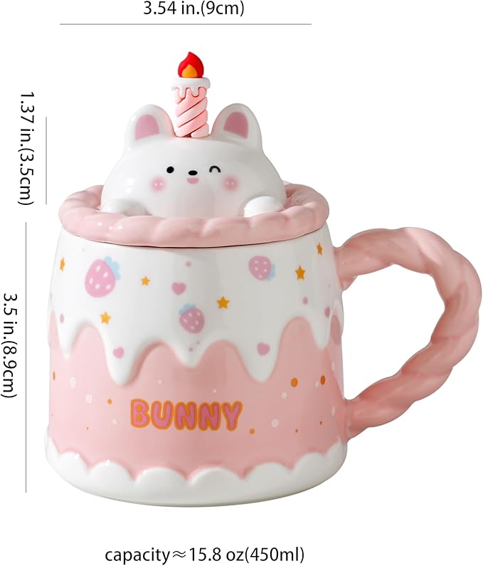Adorable Cake Ceramic Coffee Mug - Elegant Birthday Gift for Women and Girl, Cute Rabbit Cup with Sweet Design, Perfect Present for Her Daily Tea & Coffee(Model A)