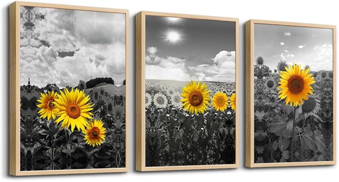 hyidecorart Natural Framed Wall Art For Living Room Large Wall Decor For Kitchen Sunflower Flowers Wall Paintings Black And White Wall Pictures Artwork Bedroom Room Decor Set of 3 Piece Prints Art