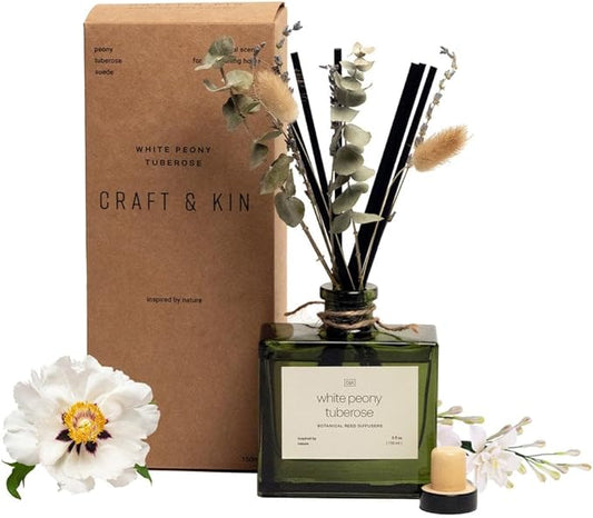 Craft & Kin Reed Diffuser with Dried Flowers | 5 oz White Peony & Tuberose Scented Reed Diffusers for Home, Bathroom | Scent Sticks | Elegant Fragrance Home Decor for Men & Women