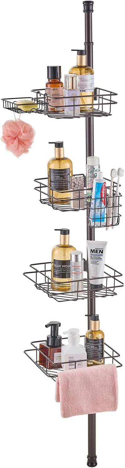 VEVOR Shower Corner Caddy Tension Pole, 42" to 114" High, Multi-Functional Shower Tension Pole with Strong Load-Bearing Tray, Rust-Proof Easy-to-Install, Fit for Bathroom & Washroom