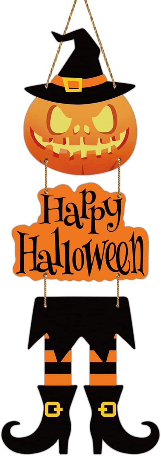 Halloween Door Decorations Halloween Wreath Witch Legs Front Door Hanger Scary Pumpkin Witch Hat Hanging Sign Wooden Wall Decor for Room Party Indoor Home Decor