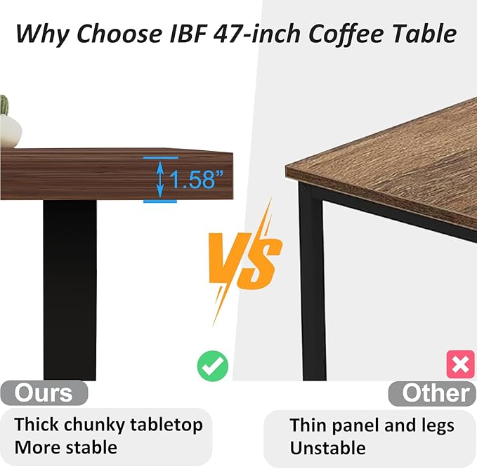 IBF Rustic Coffee Table, Simple Vintage Center Table, Minimalist Industrial Living Room Table, Farmhouse Wood and Metal Rectangle Tea Coffee Table for Home Bedroom Office, Walnut, 47 Inch