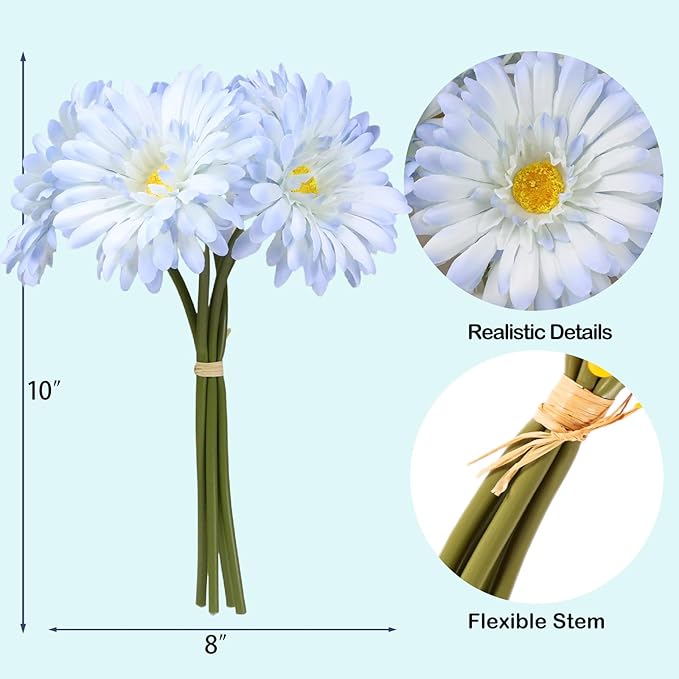 TOPIA Artificial African Daisies Flowers African Daisy Silk Flowers Artificial Gerbera Daisies Pack of 10 (Light Blue)
