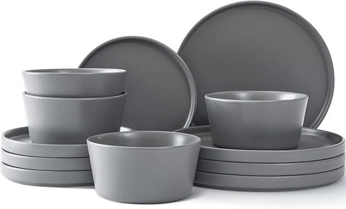 Asrug 12-Piece Plates and Bowls Sets,Ceramic Dinnerware Sets for 4, Chip Resistant and Scratch Dish Set, Dining Dinner Porcelain Dishware, Microwave and Dishwasher Safe (Gray)