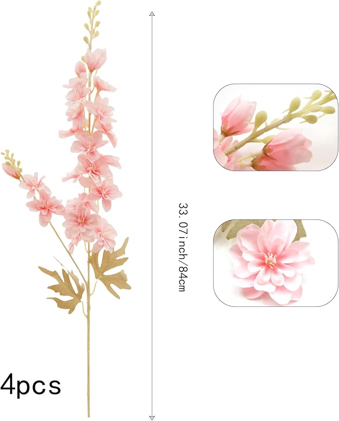 FERIAL 4pcs Artificial Delphinium Faux Pink