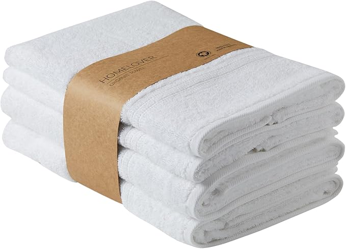 HOMELOVER 4 Piece Luxury Bath Towel Set - 100% Organic Cotton, 500 GSM, Hotel Quality, Highly Absorbent, Soft & Quick Drying Bathroom Towels for Showering, Washing & Guests (Snow White)