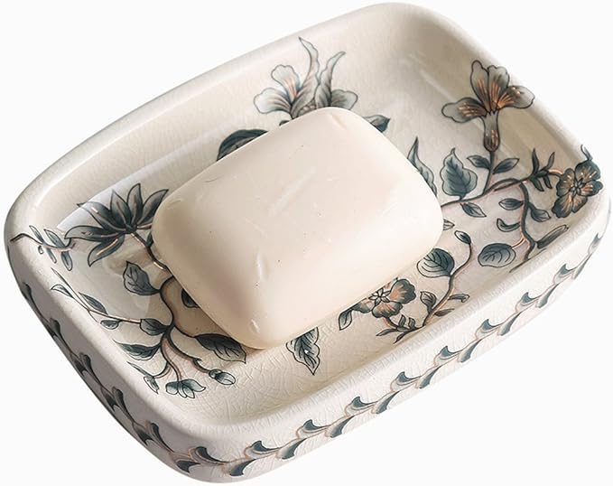 Ceramic Soap Dish, Ice Crack Ceramic Bird and Flower Pattern Soap Dish Holder for Bathroom, Creative Porcelain Shower Soap Tray Box Bath Accessories with Two Drain Holes