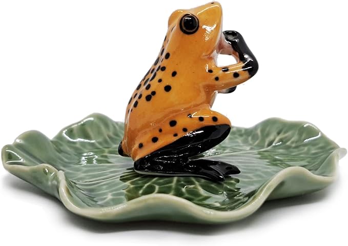 Tiny 2" High Yellow Black Frog On 4" Wide Lotus Leaf Incense Holder - Ceramic Incense Stick Tray Porcelain Miniature Handmade Animals Figurine Display Cute Mini Colorful Décor Gift