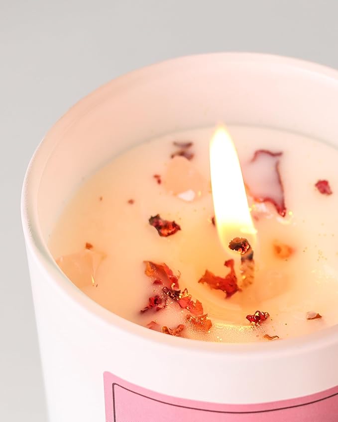 AOOVOO Rose Scented Candles for Women - Aromatherapy Candle with Crystals Inside, 7oz Soy Candles for Home Scented, Christmas Birthday Gifts Mothers Day Candle for Women Mom