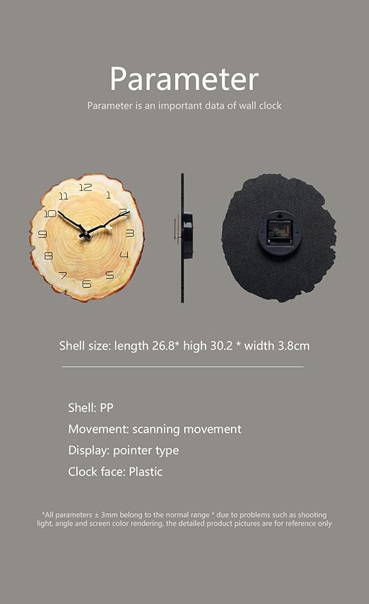 12 Inch Annual Ring Wall Clock - Wood Grain Stump Clock with Arabic Numerals - Battery Powered, Silent Quartz Movement - Decorative for Home, Living Room, Office - Size: 10.55"W x 11.88"H
