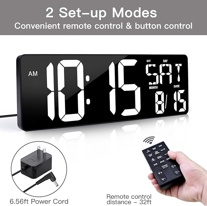 XREXS 17.2" Digital Wall Clock with Remote Control, Bluetooth Sync Time LED Digital Clock for Living Room Decor, Auto DST, Temperature for Living Room, Gift for Elderly and Teens