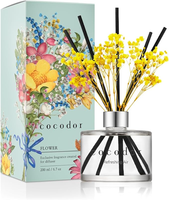 COCODOR Flower Reed Diffuser Set / 6.7oz / Refreshing Air/Scent Diffuser with Sticks Home Fragrance Reed Diffuser for Bathroom Shelf Decor