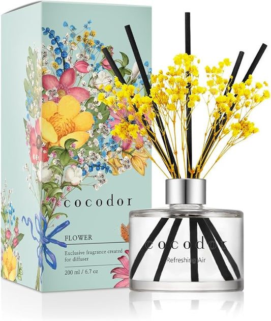 COCODOR Flower Reed Diffuser Set / 6.7oz / Refreshing Air/Scent Diffuser with Sticks Home Fragrance Reed Diffuser for Bathroom Shelf Decor