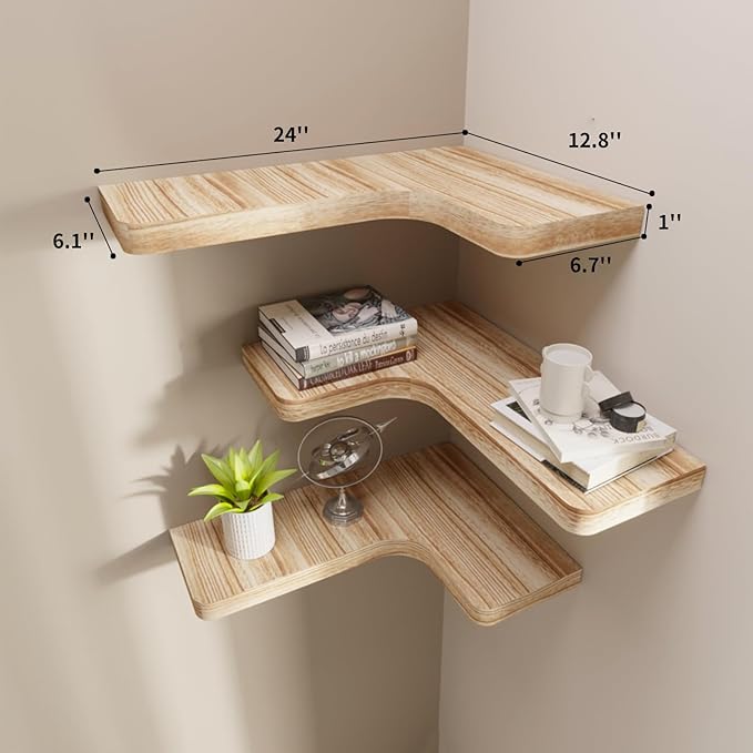 SAUMONIERES Corner Floating Shelves 24 Inch Wall Mount Shelf Solid Wood for Bedroom Bathroom Kitchen Storage Set of 2, Rustic Torched