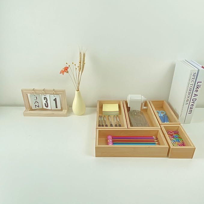 bamboo drawer organizer Set,expandable drawer dividers,wooden storage organizers,large trays for kitchen, bathroom,flatware,Tea Bag Organizer (2 X 5PCS Natural)