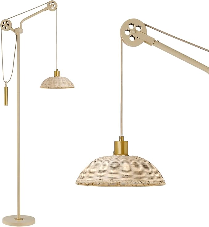LeeZM Dimmable Rattan Floor Lamp for Living Room,Industrial Farmhouse Floor Lamps with Adjustable Rattan Shade,Modern Reading Pole Task Lamp,Arched Tall Standing Lamp for Bedroom Office,Beige