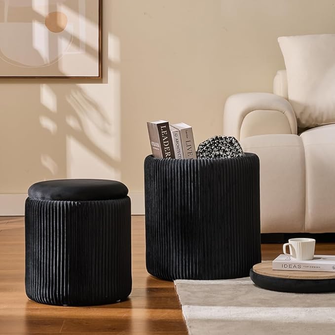 Round Set of 2 Ottoman with Storage-Upholstered Velvet Vanity Stool for Makeup Multifunctional Ottomans Coffee Table Padded Seat Foot Rest for Living Room&Bedroom (Black)