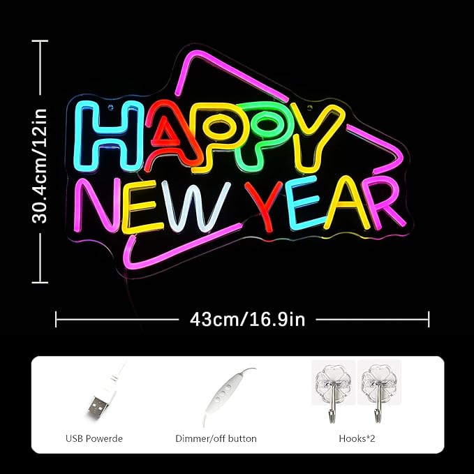 Happy New Year Neon Sign Colorful Holiday LED Neon Sign Letter Neon Signs Christmas Wall Art, Xmas Cheers Neon Sign, Christmas Signage, Christmas Wall Decorations