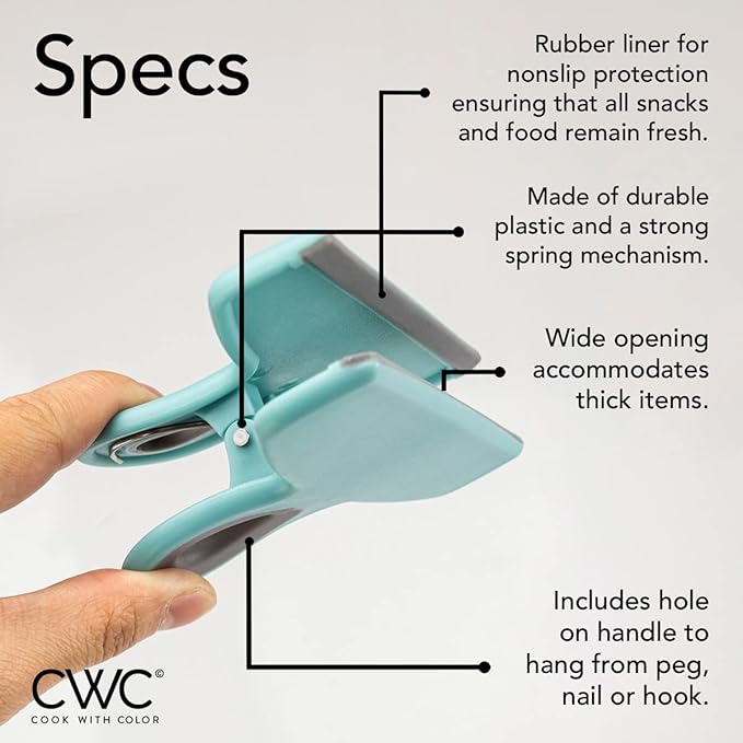 COOK WITH COLOR Bag Clips - Heavy Duty Chip Clip and Refrigerator Magnet Clips for Food Storage with Air Tight Seal Grip, Teal, Pack of 4 Large Clips