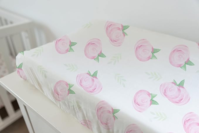 TotAha Premium Stretchy Changing Pad Covers (2-Pack)-Hypoallergenic, Silky Comfort, Buttery Soft, Calming Effect, All-Season Jersey-Knit 32'' X 16'' X 5'' Deep Pocket (Pink Buds & Green Leaves)