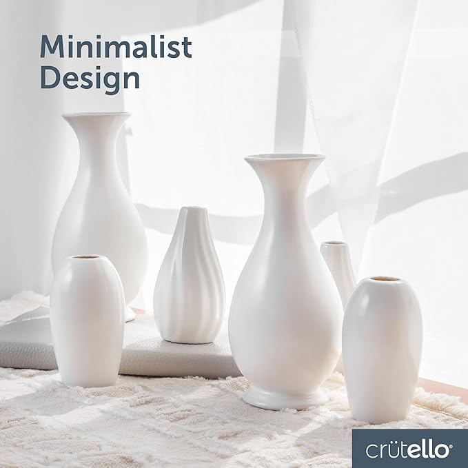 Crutello Ceramic Vase Set of 6 White Decorative Glossy Vases - Classic Small Bud Vases for Classic Decor, 6 Pack White Small Bud Vase, Perfect for Any Event Decoration