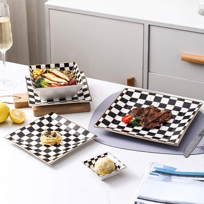 Porlien Checker Porcelain Square Dinnerware Set for 4, Dishes Set for 4 with 3.3-inch Dipping Saucers, Black and White Plates and Bowls Set