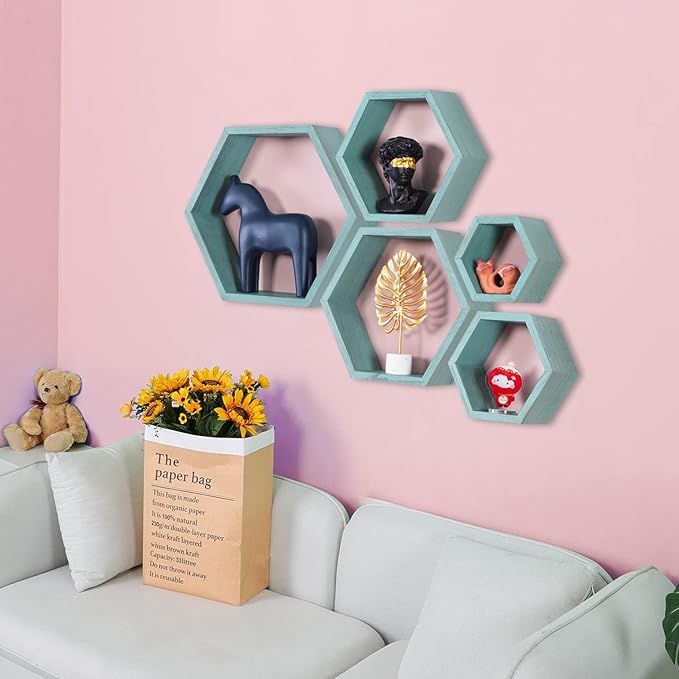 PHOENANCEE Hexagon Floating Shelves,Wall Mounted Wood Farmhouse Storage Honeycomb Wall Shelf Set of 5,for Bathroom, Kitchen, Bedroom, Living Room,Office,Driftwood Finish (Ocean Blue)