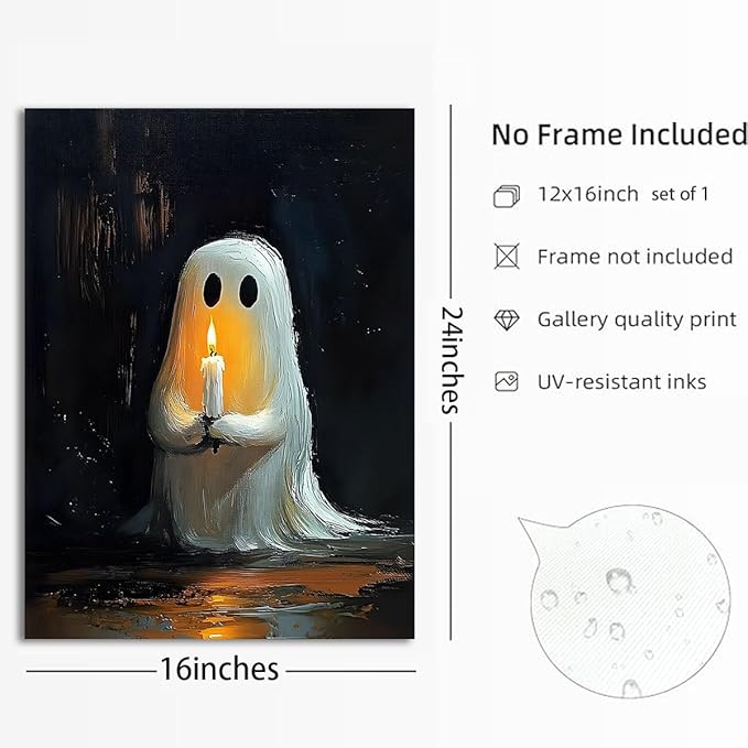 ILLBDR Cute Ghost Canvas Wall Art Halloween Decor Vintage Painting, Spooky Silhouette Ghost Holding Candle Haunted House Art, Bedroom Gothic Decor Ready to Hang, 16x24 Inch Unframed