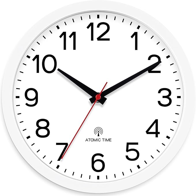AKCISOT Atomic 10 Inch Wall Clock Analog Clocks for Indoor Kitchen-Silent Battery Operated Clock for Bedroom Office Classroom Living Room(White)