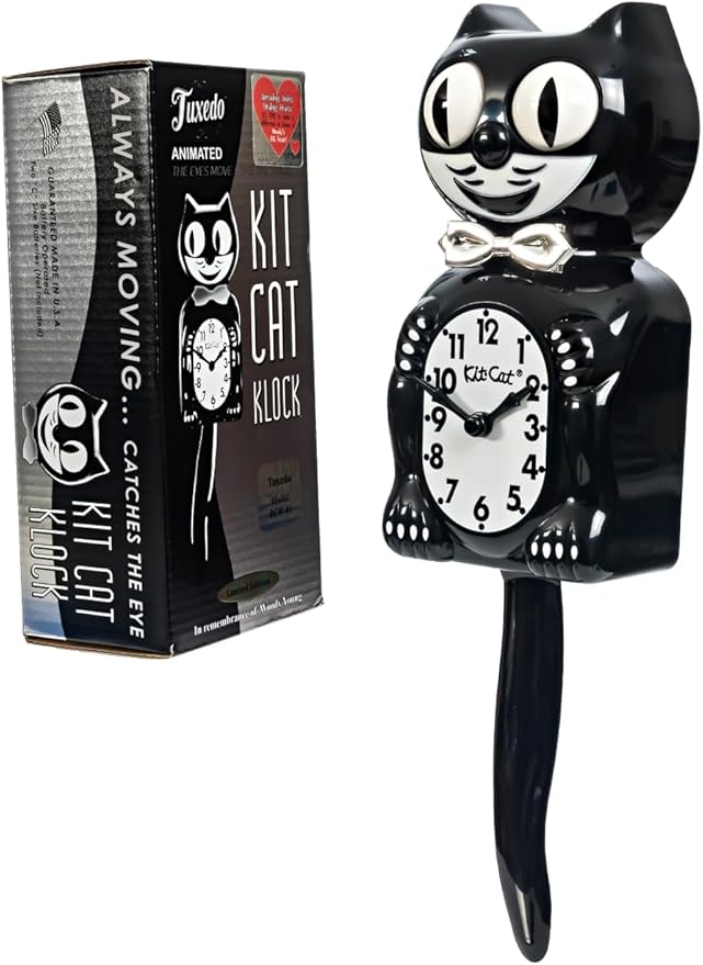 Kit-Cat Tuxedo Clock, Limited Edition Anniversary, Black with Chrome Bow Tie, Classic Moving Eyes and Tail