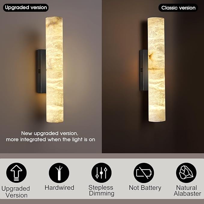 Bronze Alabaster Wall Sconces, 20" Natural Marble Wall Sconce, Hardwired Black Wall Sconces Indoor, Stone Wall Sconce Dimmable, Alabaster Wall Lamp for Living Room, Bathroom, Bedroom, Stair-Upgraded