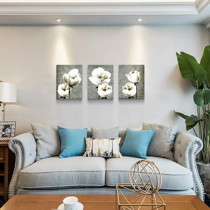 Living Room Wall Decor Canvas Wall Art For Bedroom Bathroom Wall Painting Artwork Gray Green Vintage Style White Flowers Abstract Pictures Wall Decorations For Kitchen 3 Panels Modern Family Decor