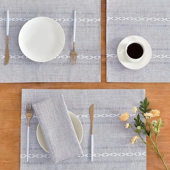 Wracra Cotton Linen Placemats, 12 x 18 Inch Set of 6 Placemats Rustic Hemstitch Place Mats for Kitchen Table and Heat Resistant-Hemstitch Grey