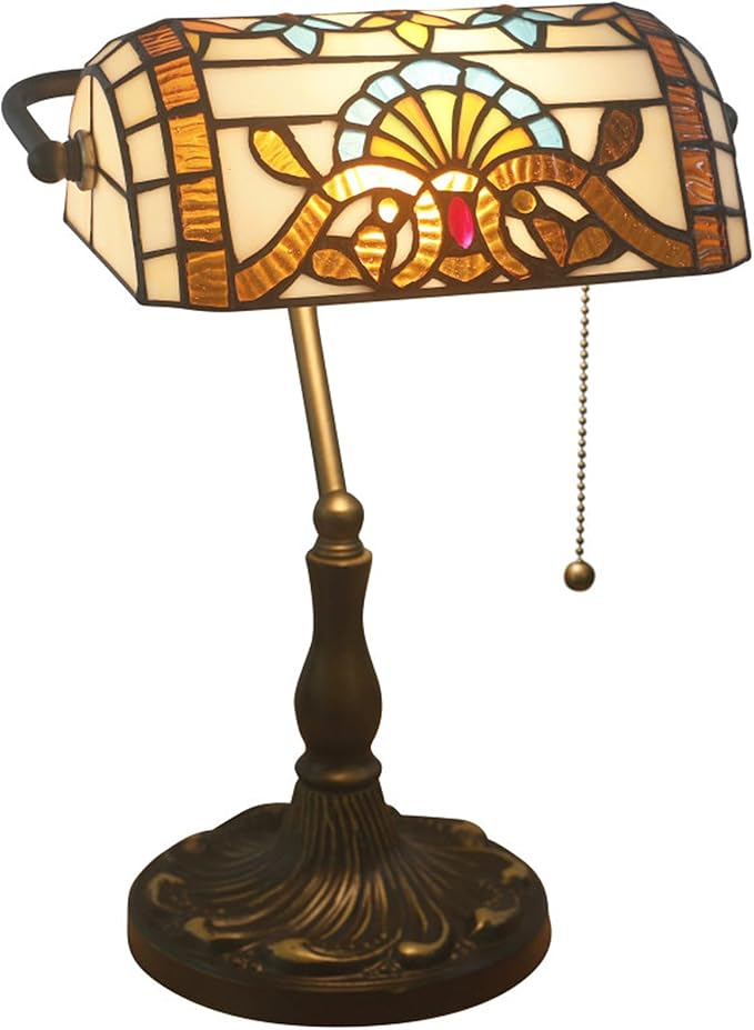 Tiffany Style Bankers Table Lamp Stained Glass Piano Desk Lamp Vintage Bedroom Bedside Lamp for Study,Antique Alloy Base,Zipper Switch,Green Baroque a