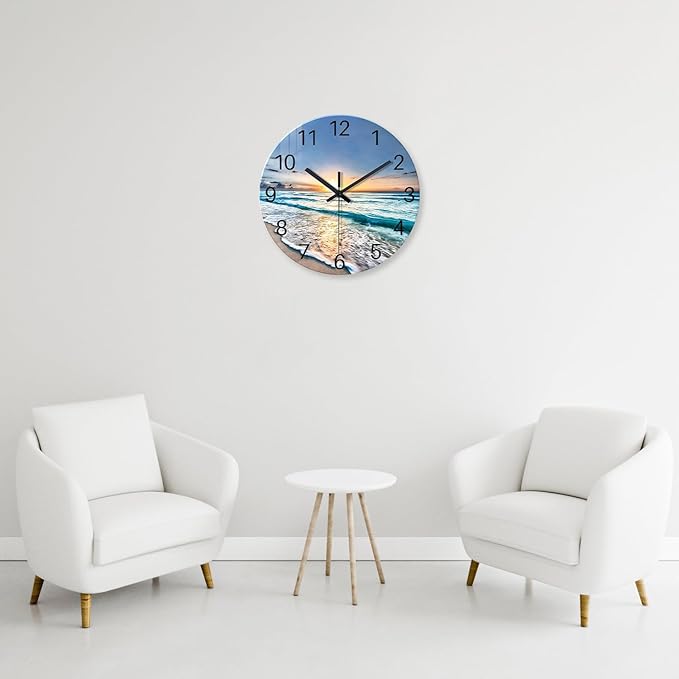 Blue Coastal Wall Clocks Battery Operated 16 Inch Glass Wall Clock Silent Beach Round Large Wall Clock for Living Room
