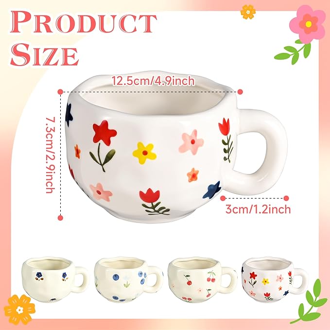 4 Pcs Ceramic Coffee Mugs Set of 4, 10 oz Hand Painted Floral Mug Cute Flower Cup Aesthetic Latte Art Cups for Office and Home Vintage Tea Cup for Cappuccino, Cocoa, Espresso - Microwave Safe