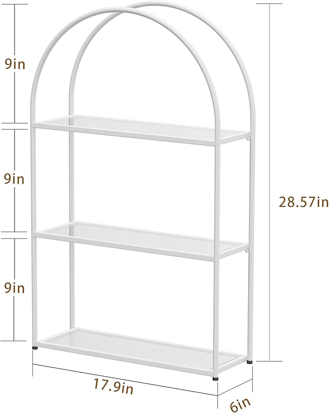 Crofy White Arched Frame Wall Shelf, Decorative 3 Tier Bathroom Wall Shelf with Transparent Tempered Glass Shelves and Robust Storage Capacity, 6" D x 17.9" W x 28.57" H