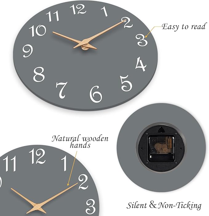 Wall Clock, 10 Inch Modern Wall Clocks Battery Operated, Silent Non Ticking Clock Decorative for Kitchen, Living Room, Bathroom, Office, Bedroom(Gray)