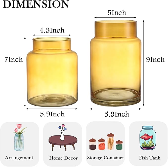 Large Glass Vase, Amber Glass Vase Set of 2, Large Flower Vases for Bouquet, Tall Wide Mouth Vases for Flowers, Home, Wedding, Living Room, Office Decor, 7"+9"
