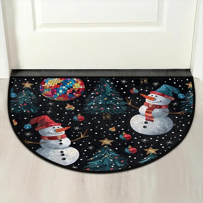 Half Round Doormat Indoor Welcome Mat Winter Snowman Rugs Washable Kitchen Mat for Home Living Room Laundry Room Bedroom Fireplace Floor Mats Christmas