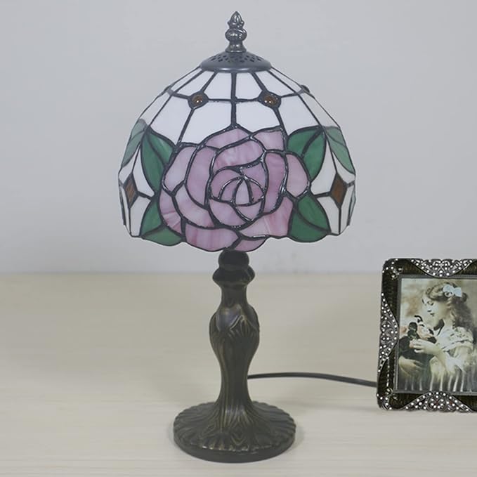 8" Tiffany Style Pink Rose Lamp,Tiffany Style Table Lamp for Girl Bedroom Bedside Lamps,Stained Glass Lamp,Lover Girlfriend Gift