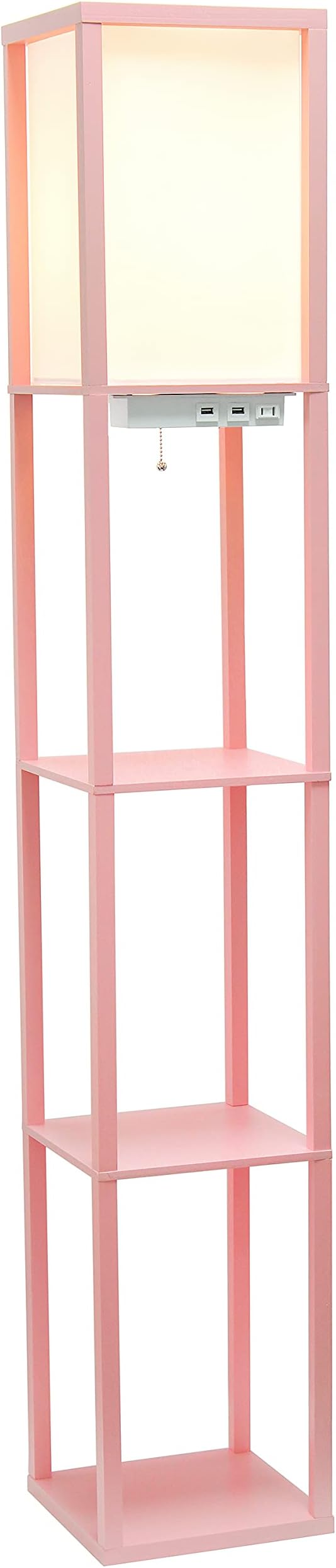 Simple Designs LF1037-LPK Floor Lamp Etagere Organizer Storage Shelf with 2 USB Charging Ports, 1 Charging Outlet and Linen Shade, Light Pink