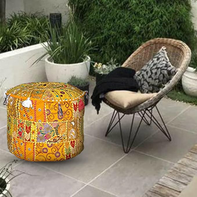 Aakriti Gallery Indian Pouf Footstool - Ethnic Embroidered Ottoman Pouf Cover, Cotton Round Pouffe - Yellow, 22x14