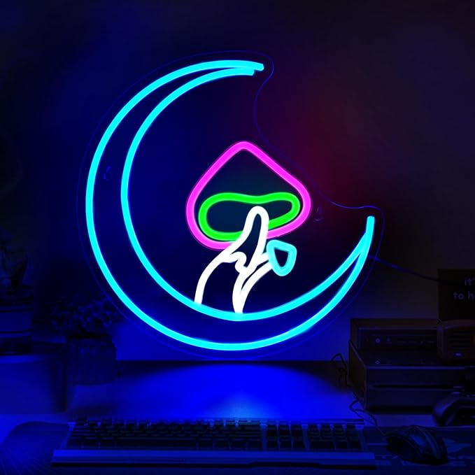 Mushroom Moon Neon Sign Led Neon Signs for Wall Decor Blue Light Up Sign Preppy Girls Room Decor USB Powered