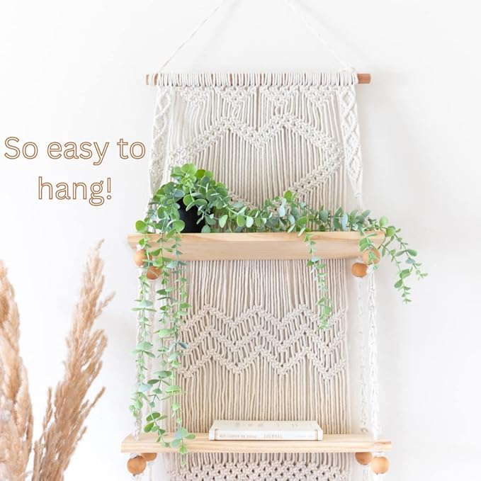 SnugLife Macrame Wall Hanging Shelf - 3 Tier Wall Plant Hanger Shelves with Handmade Woven Rope - Boho Shelves Organizer for Kitchen, Bathroom, Home Storage, Floating Plant Shelf (Pine Wood)