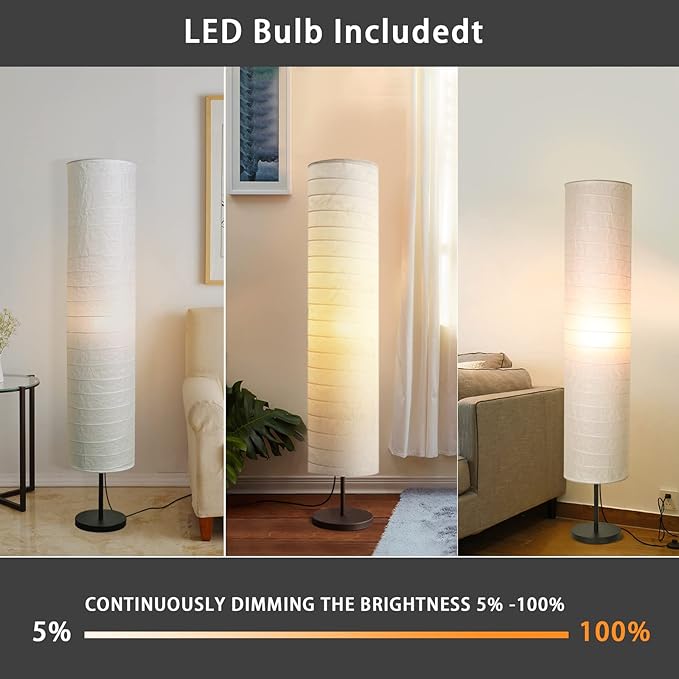 Modern Floor Lamp, Dimmable 3 Levels Brightness Paper Tall Lamp Standing Lamps with Lampshade, 55'' Minimalist Floor Lamps for Office, Kids Room, Reading, Home Decor (White)